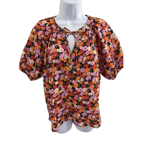 LOFT Brown Floral Puff Sleeve Peasant Blouse Keyhole With Tie Petite Medium - Picture 4 of 7
